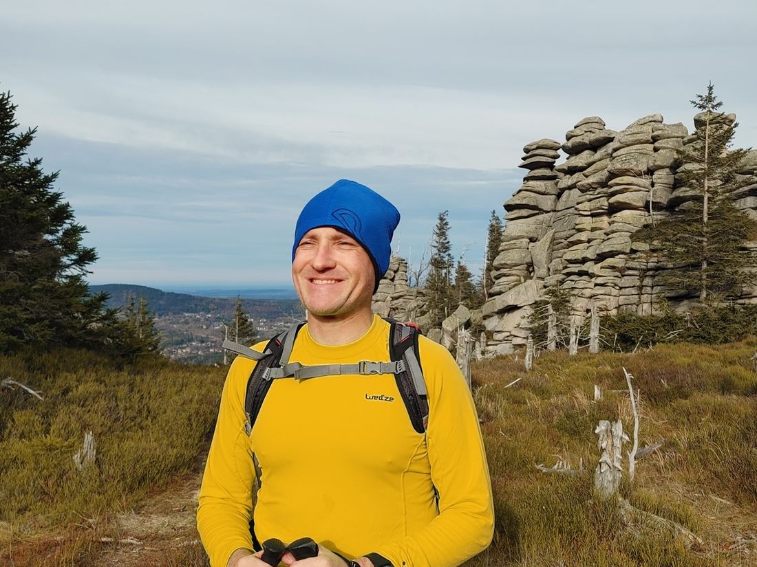 Hiking among rock towers in the mountains